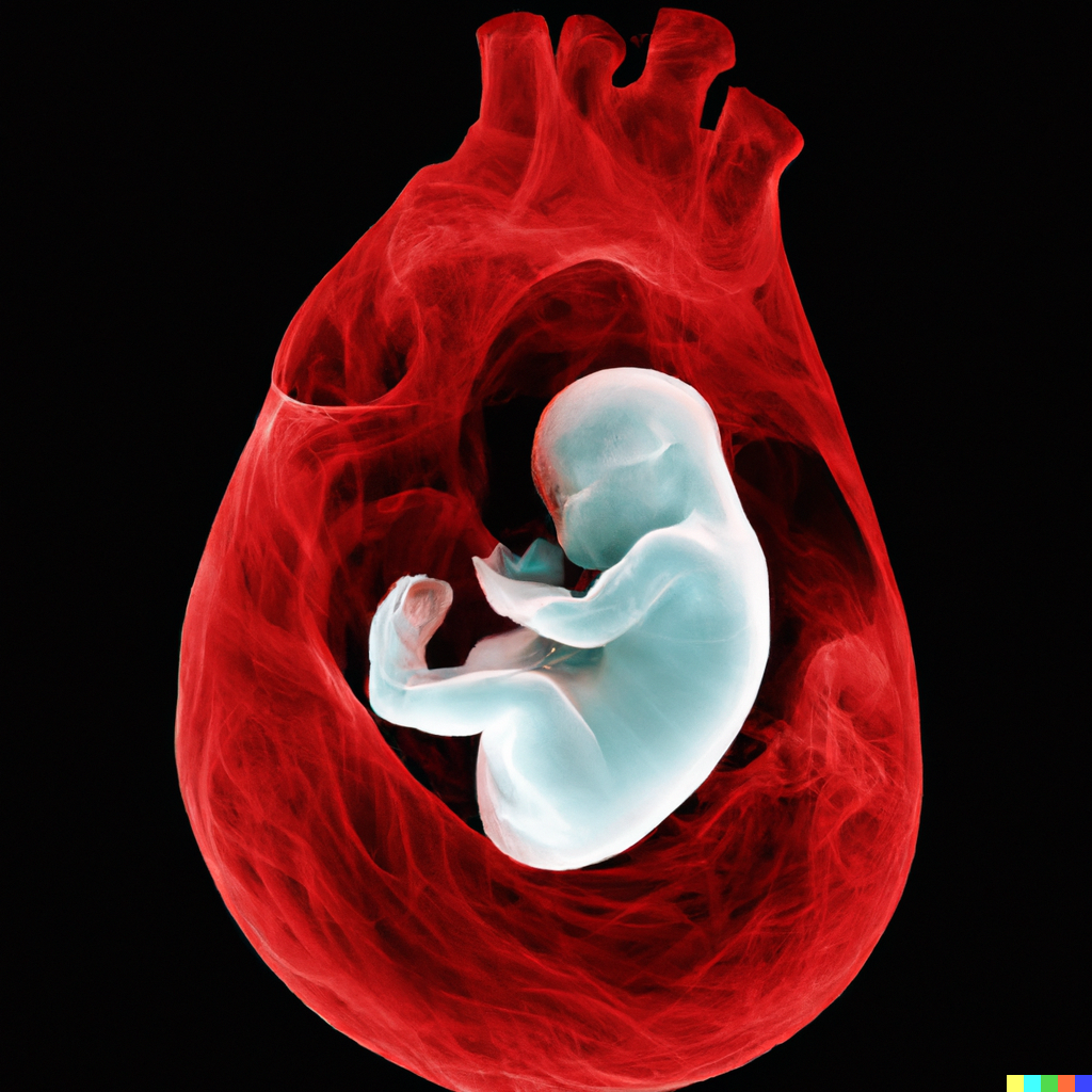 Magzati szívhang ábrázolása: magzat egy szív alakú piros anyaméhben